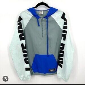 PINK Victoria's Secret Gray and Royal Blue Windbreaker Hoodie - LOVE PINK Sleeve